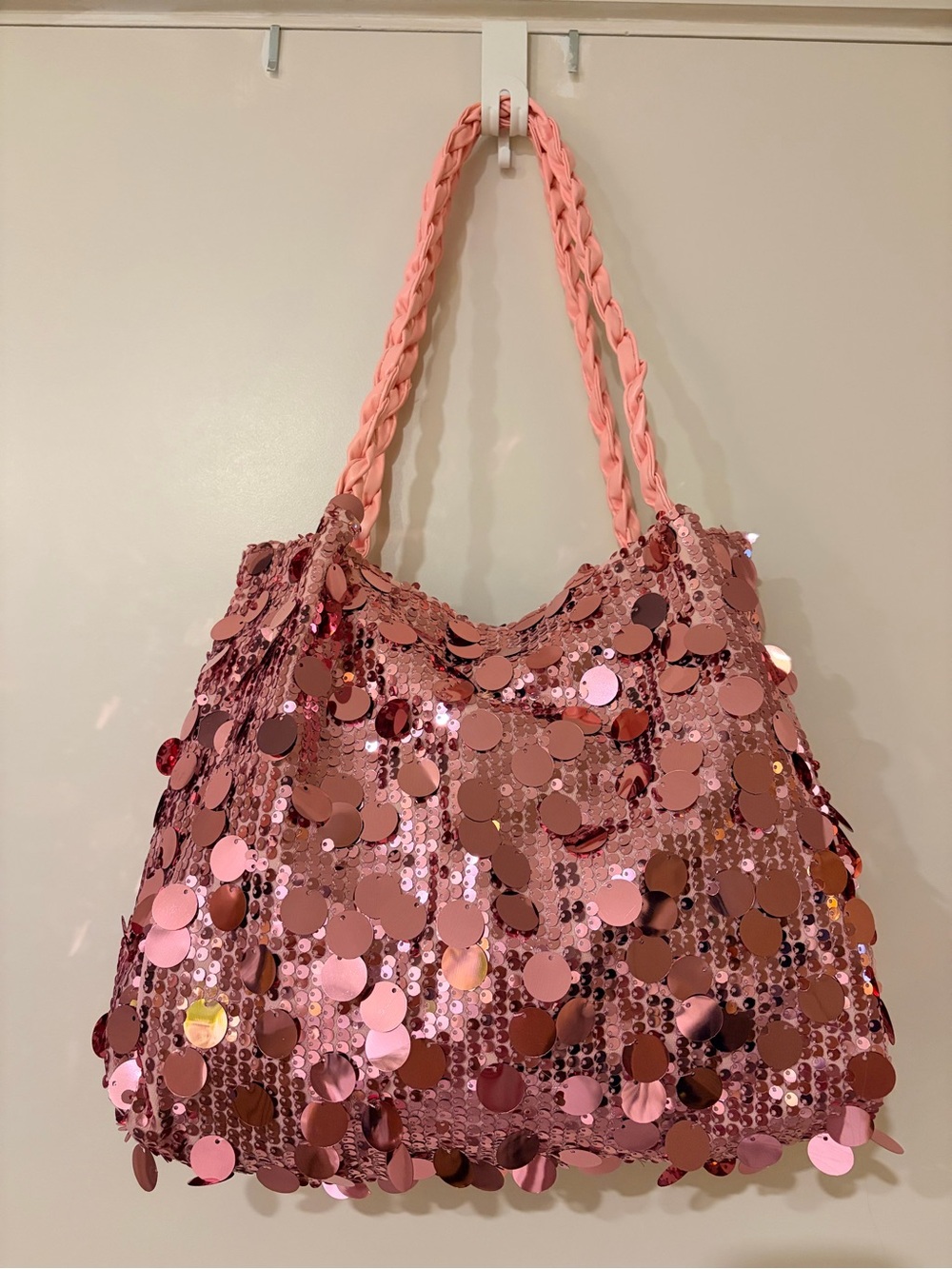 Y2K Pink Sequin Paillette Shoulder Tote Bag Braided Strap Disco Glam